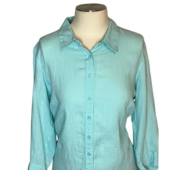 Coldwater Creek aqua linen ¾ adjustable sleeve blouse XL (16) - Picture 4 of 12